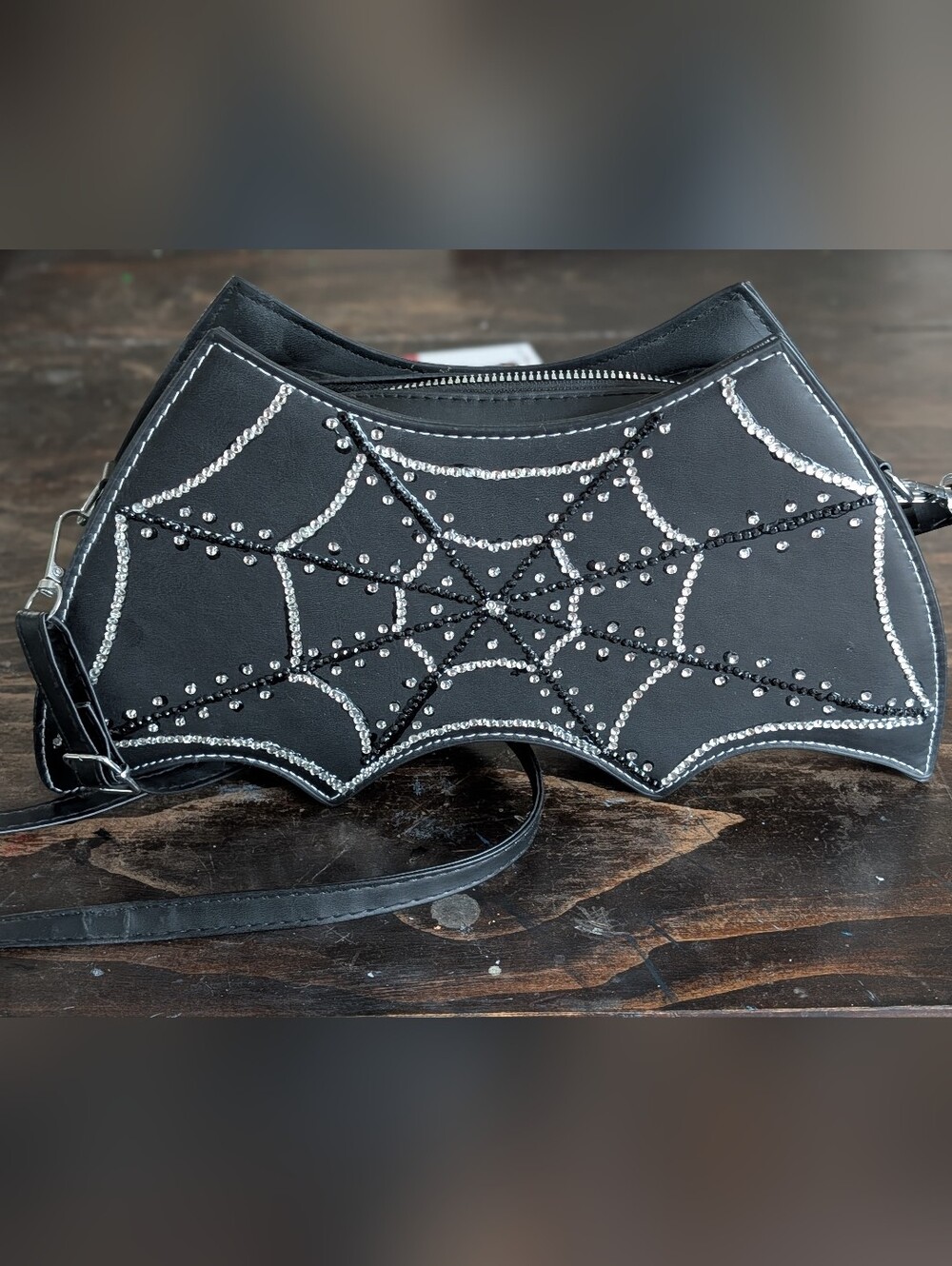 Black Rhinestone Spiderweb Crossbody Bat Bag - Picture 5 of 5
